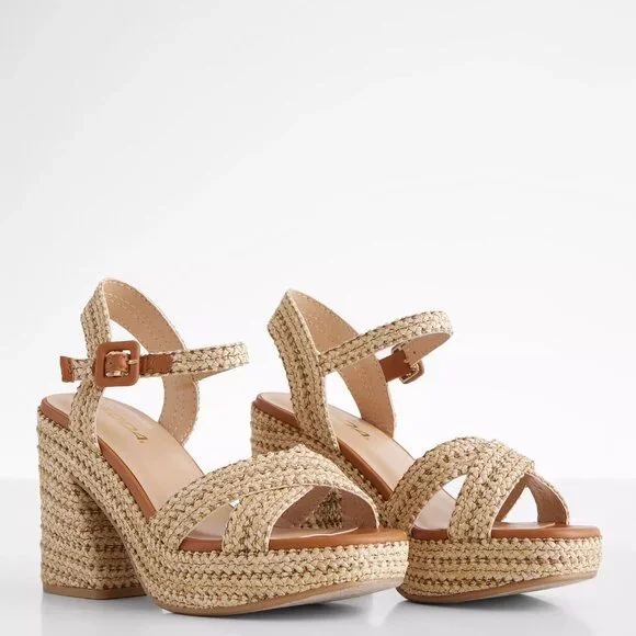 New Tan Raffia Espadrille Chunky Block Heel Platform Sandal Open Toe Ankle Strap - Picture 6 of 9